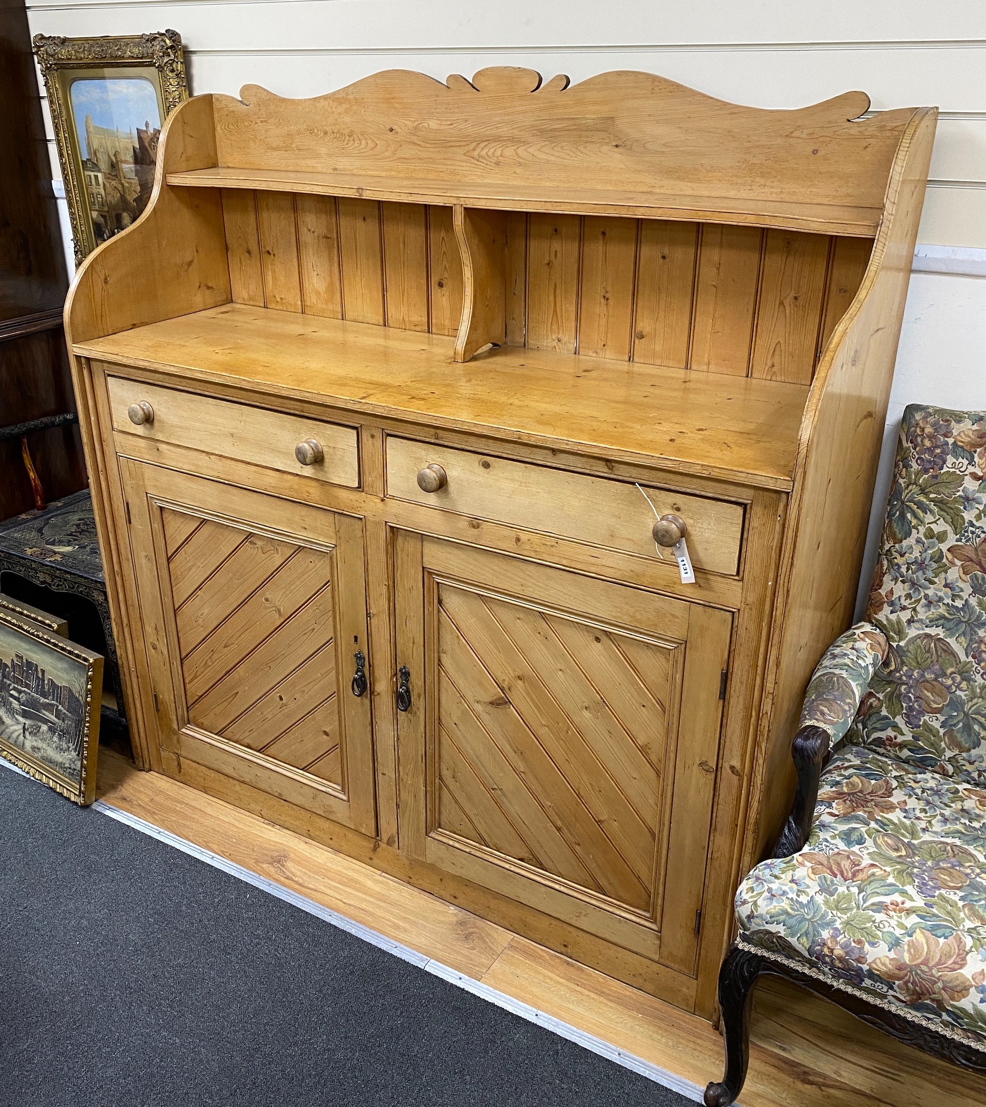 A Victorian pine two drawer buffet, width 152cm depth 48cm height 158cm